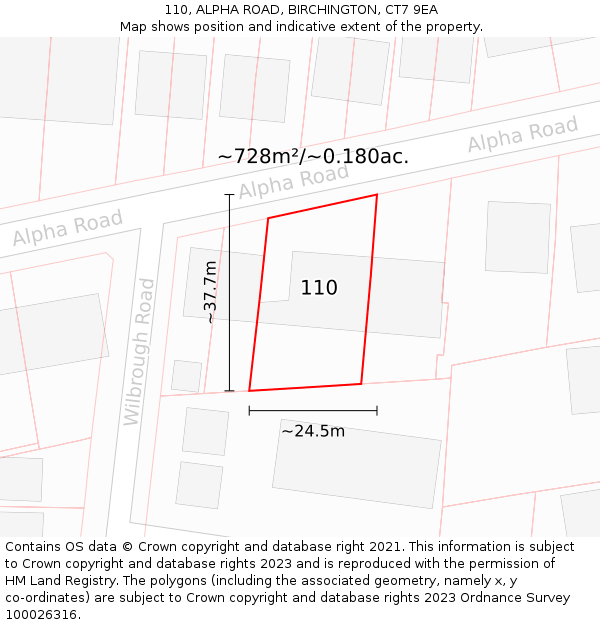 110, ALPHA ROAD, BIRCHINGTON, CT7 9EA: Plot and title map