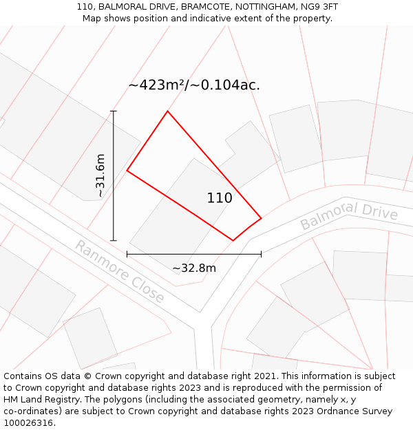 110, BALMORAL DRIVE, BRAMCOTE, NOTTINGHAM, NG9 3FT: Plot and title map