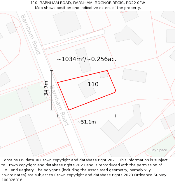 110, BARNHAM ROAD, BARNHAM, BOGNOR REGIS, PO22 0EW: Plot and title map