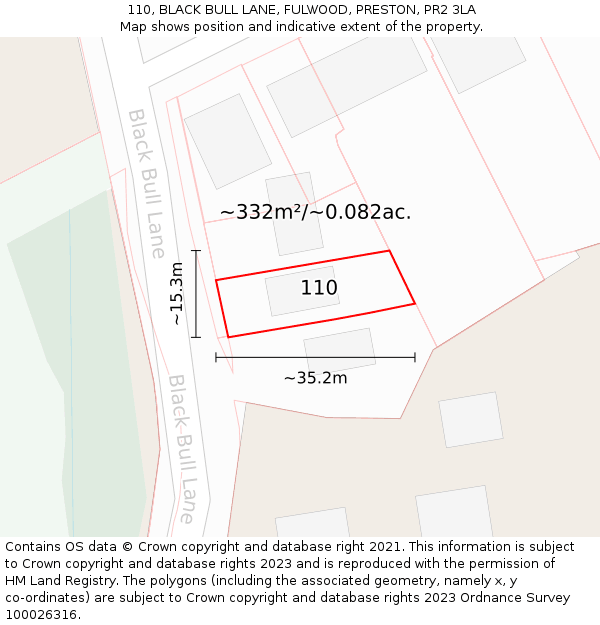 110, BLACK BULL LANE, FULWOOD, PRESTON, PR2 3LA: Plot and title map