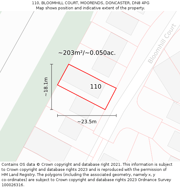 110, BLOOMHILL COURT, MOORENDS, DONCASTER, DN8 4PG: Plot and title map