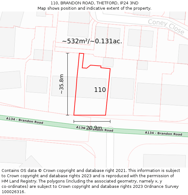 110, BRANDON ROAD, THETFORD, IP24 3ND: Plot and title map