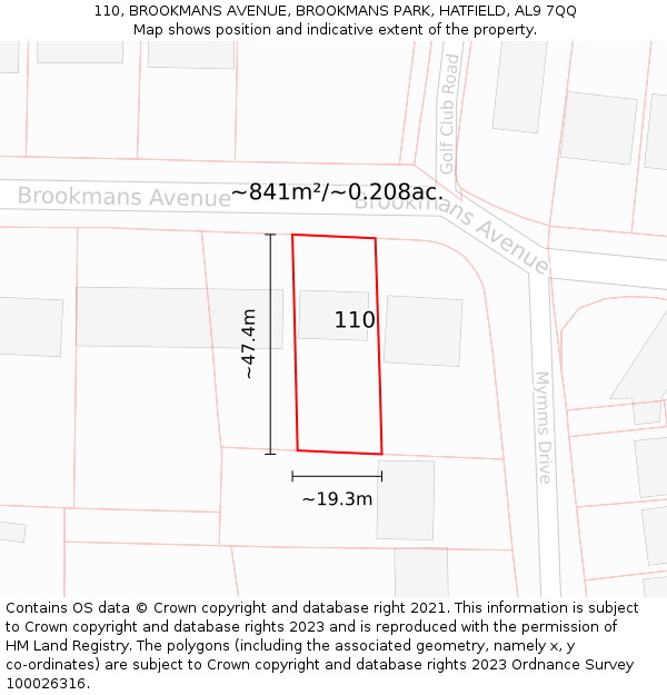 110, BROOKMANS AVENUE, BROOKMANS PARK, HATFIELD, AL9 7QQ: Plot and title map