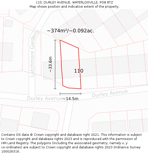 110, DURLEY AVENUE, WATERLOOVILLE, PO8 8TZ: Plot and title map