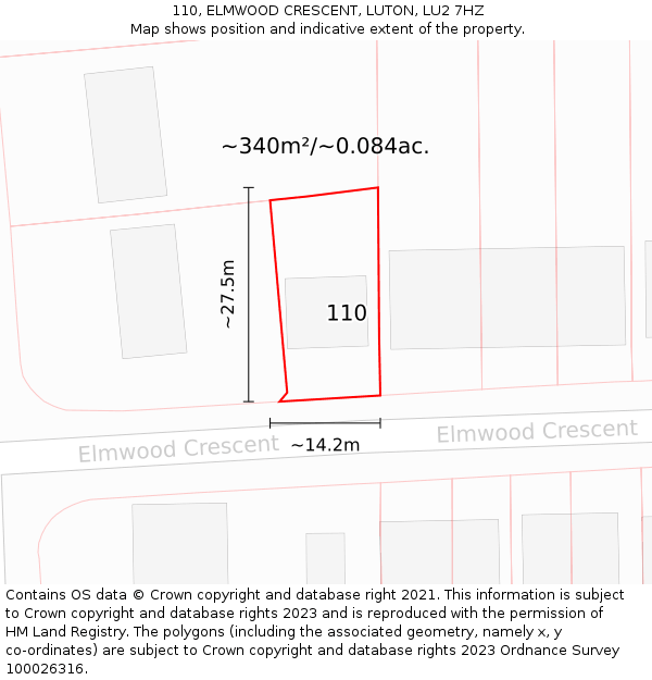 110, ELMWOOD CRESCENT, LUTON, LU2 7HZ: Plot and title map