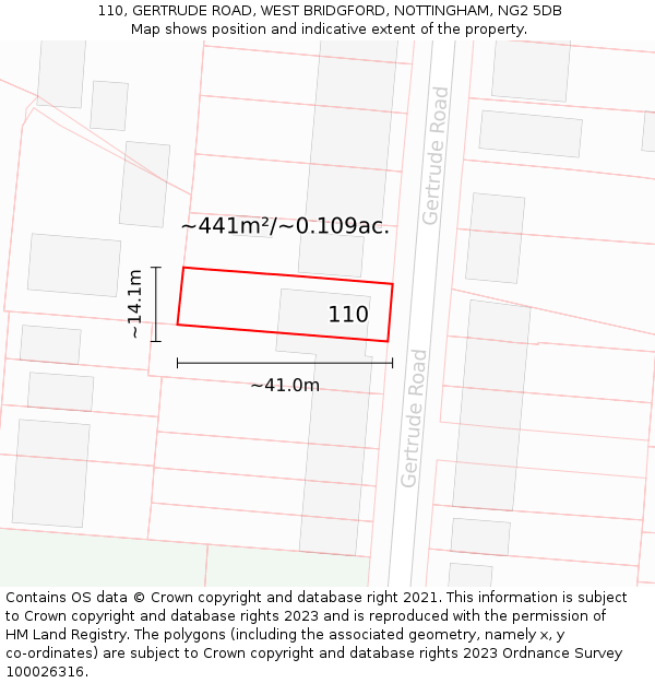 110, GERTRUDE ROAD, WEST BRIDGFORD, NOTTINGHAM, NG2 5DB: Plot and title map