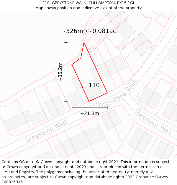 110, GREYSTONE WALK, CULLOMPTON, EX15 1GL: Plot and title map