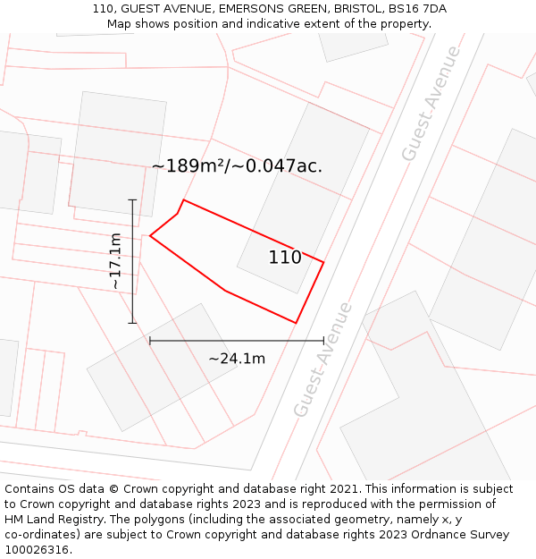 110, GUEST AVENUE, EMERSONS GREEN, BRISTOL, BS16 7DA: Plot and title map