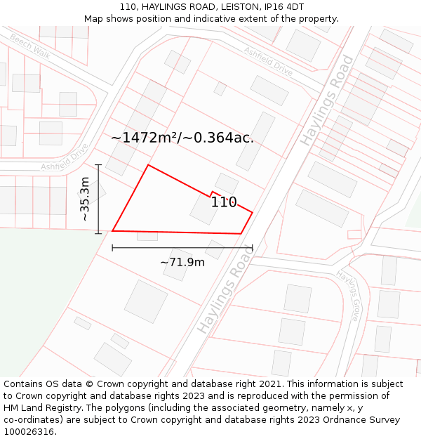 110, HAYLINGS ROAD, LEISTON, IP16 4DT: Plot and title map