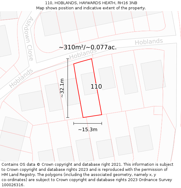 110, HOBLANDS, HAYWARDS HEATH, RH16 3NB: Plot and title map