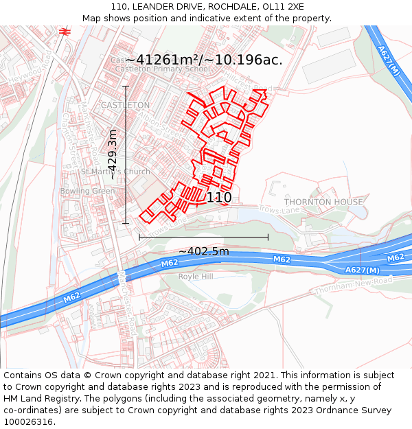 110, LEANDER DRIVE, ROCHDALE, OL11 2XE: Plot and title map