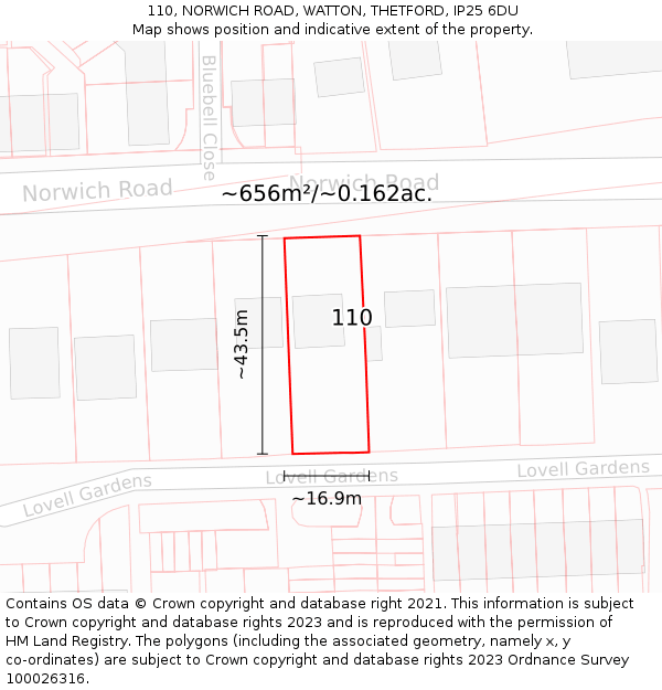 110, NORWICH ROAD, WATTON, THETFORD, IP25 6DU: Plot and title map