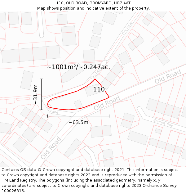 110, OLD ROAD, BROMYARD, HR7 4AT: Plot and title map