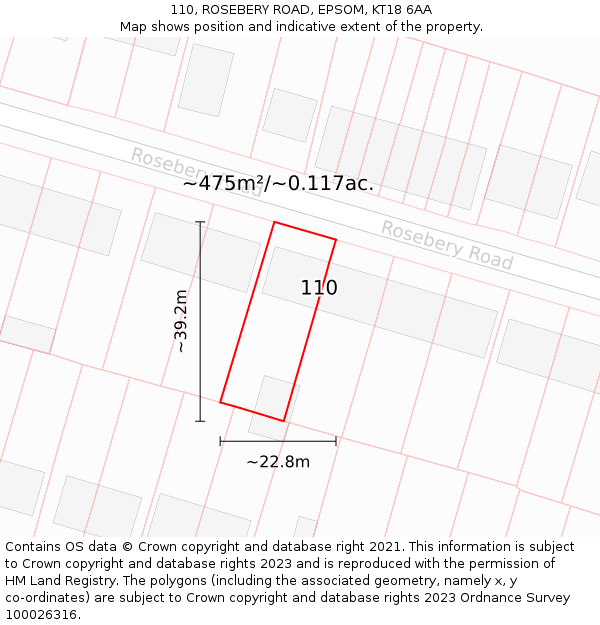 110, ROSEBERY ROAD, EPSOM, KT18 6AA: Plot and title map