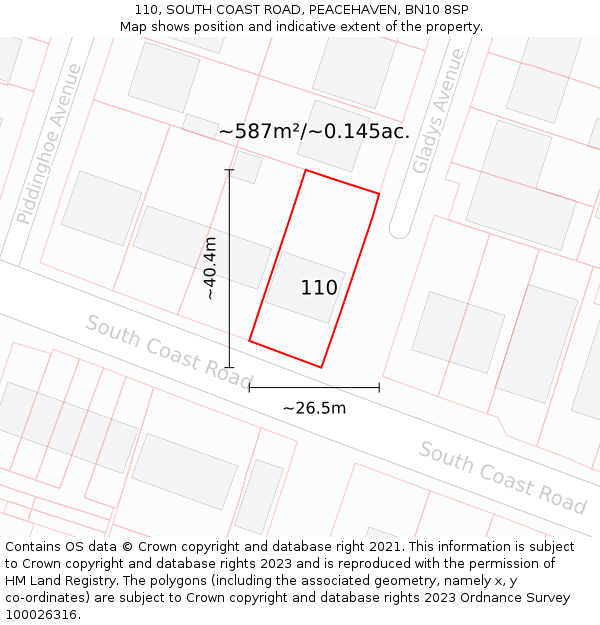 110, SOUTH COAST ROAD, PEACEHAVEN, BN10 8SP: Plot and title map