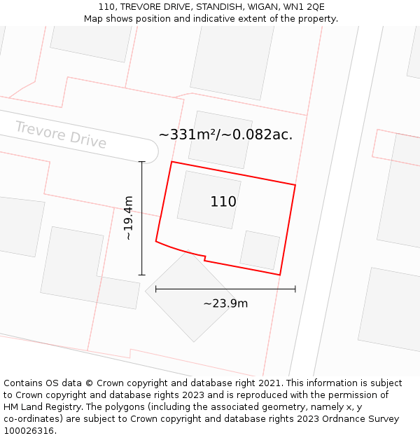 110, TREVORE DRIVE, STANDISH, WIGAN, WN1 2QE: Plot and title map