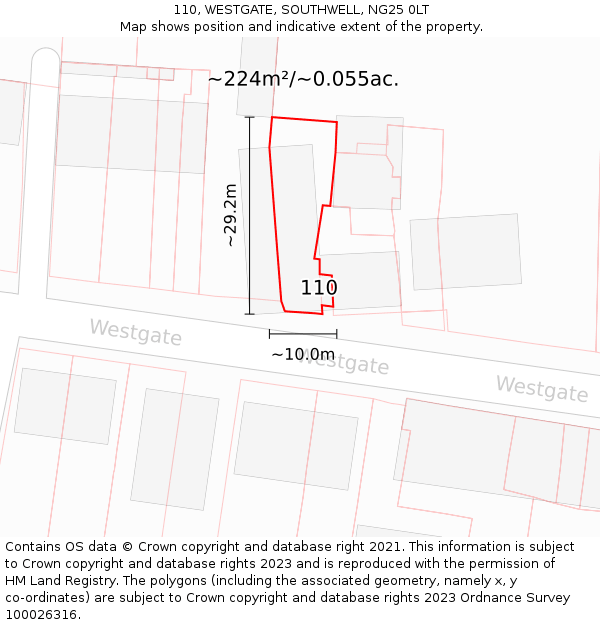 110, WESTGATE, SOUTHWELL, NG25 0LT: Plot and title map