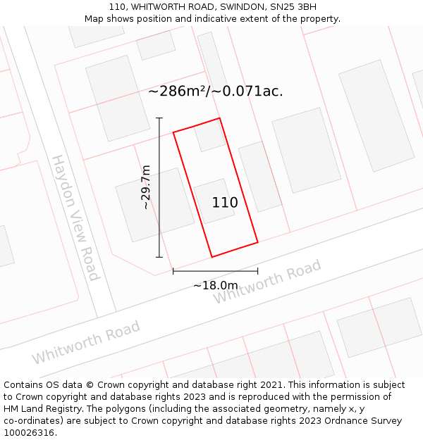 110, WHITWORTH ROAD, SWINDON, SN25 3BH: Plot and title map