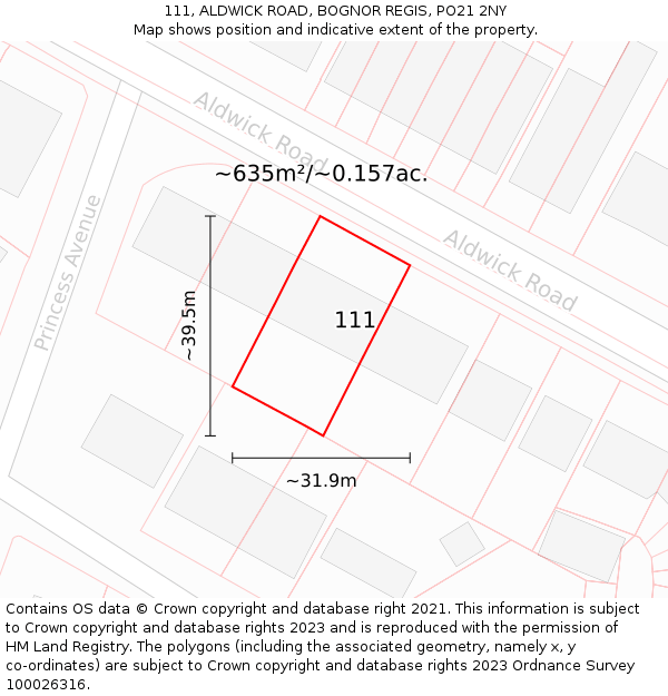 111, ALDWICK ROAD, BOGNOR REGIS, PO21 2NY: Plot and title map