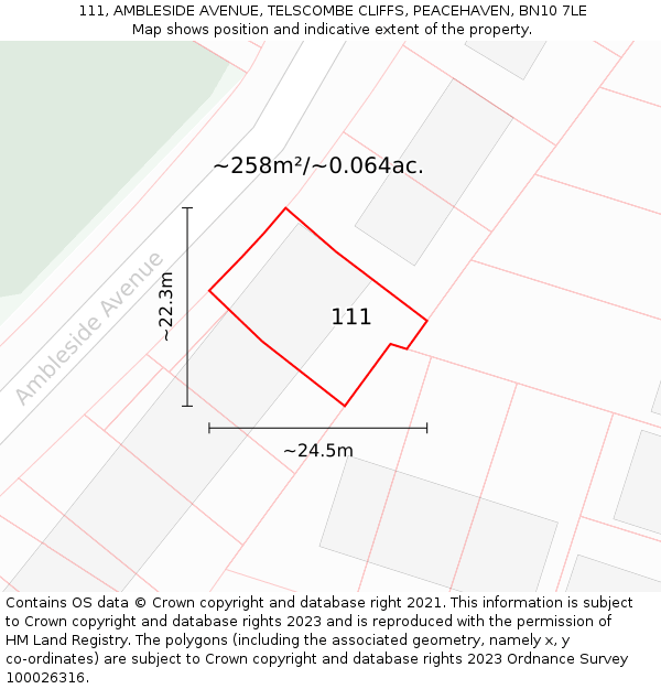 111, AMBLESIDE AVENUE, TELSCOMBE CLIFFS, PEACEHAVEN, BN10 7LE: Plot and title map