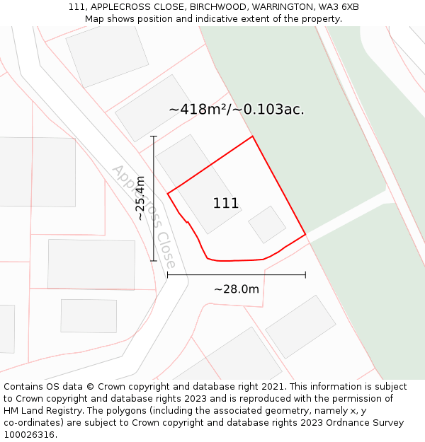 111, APPLECROSS CLOSE, BIRCHWOOD, WARRINGTON, WA3 6XB: Plot and title map