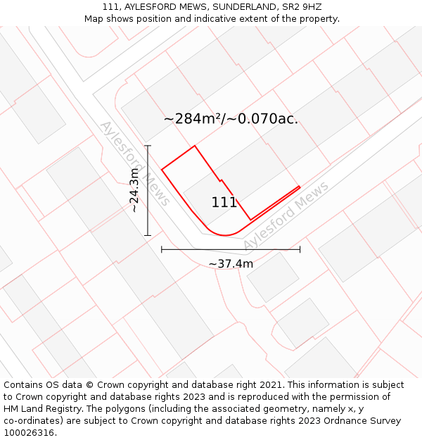 111, AYLESFORD MEWS, SUNDERLAND, SR2 9HZ: Plot and title map