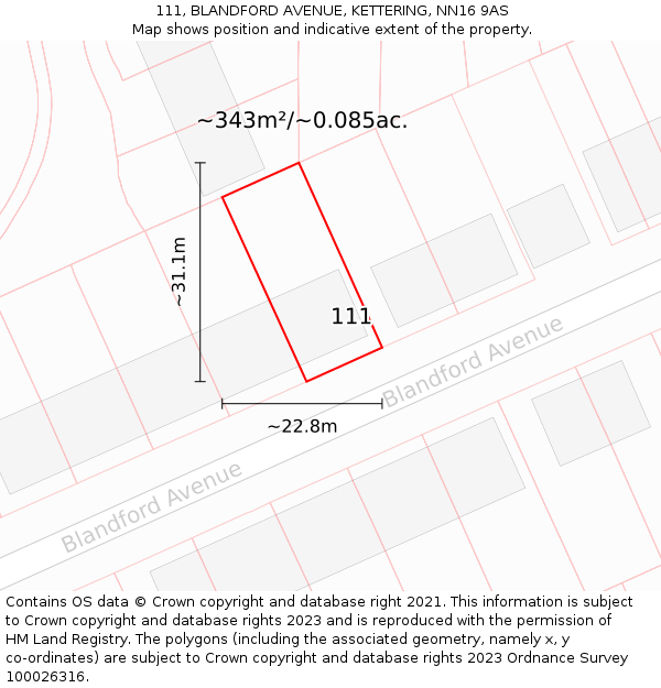 111, BLANDFORD AVENUE, KETTERING, NN16 9AS: Plot and title map