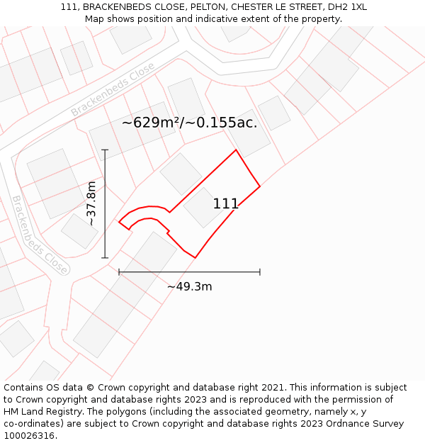 111, BRACKENBEDS CLOSE, PELTON, CHESTER LE STREET, DH2 1XL: Plot and title map