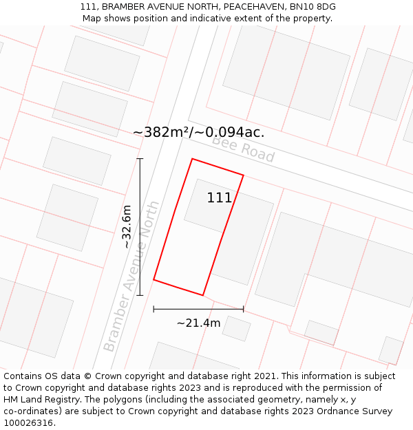 111, BRAMBER AVENUE NORTH, PEACEHAVEN, BN10 8DG: Plot and title map