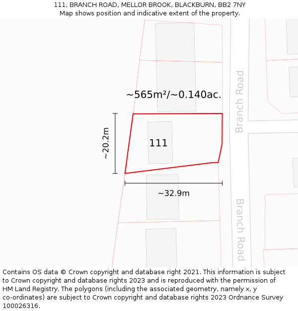 111, BRANCH ROAD, MELLOR BROOK, BLACKBURN, BB2 7NY: Plot and title map