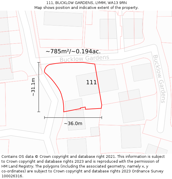 111, BUCKLOW GARDENS, LYMM, WA13 9RN: Plot and title map