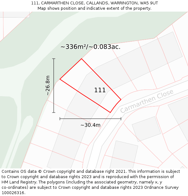 111, CARMARTHEN CLOSE, CALLANDS, WARRINGTON, WA5 9UT: Plot and title map