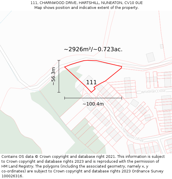 111, CHARNWOOD DRIVE, HARTSHILL, NUNEATON, CV10 0UE: Plot and title map