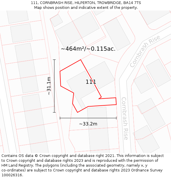 111, CORNBRASH RISE, HILPERTON, TROWBRIDGE, BA14 7TS: Plot and title map