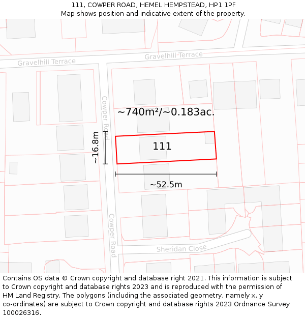 111, COWPER ROAD, HEMEL HEMPSTEAD, HP1 1PF: Plot and title map