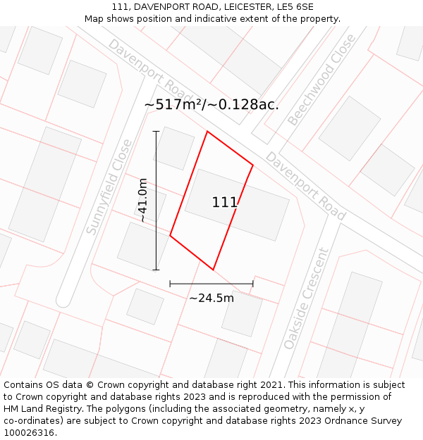 111, DAVENPORT ROAD, LEICESTER, LE5 6SE: Plot and title map