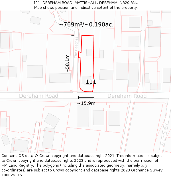 111, DEREHAM ROAD, MATTISHALL, DEREHAM, NR20 3NU: Plot and title map