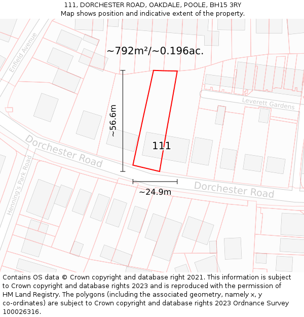 111, DORCHESTER ROAD, OAKDALE, POOLE, BH15 3RY: Plot and title map