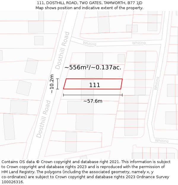 111, DOSTHILL ROAD, TWO GATES, TAMWORTH, B77 1JD: Plot and title map