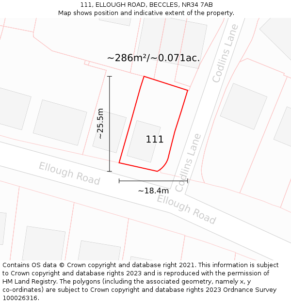 111, ELLOUGH ROAD, BECCLES, NR34 7AB: Plot and title map