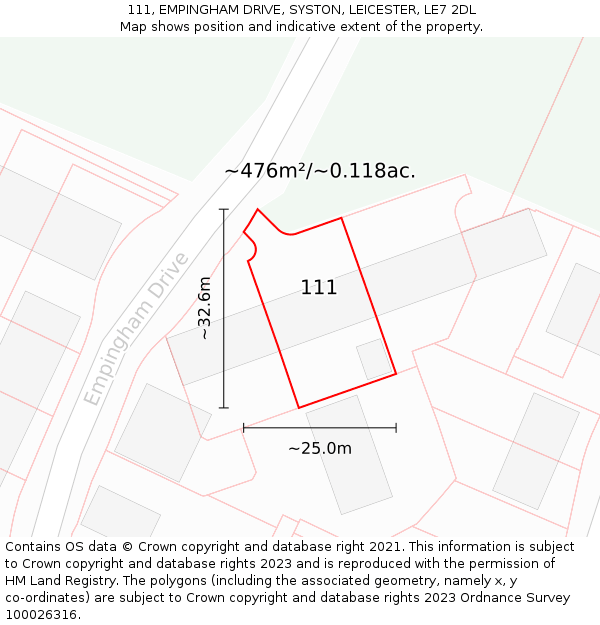 111, EMPINGHAM DRIVE, SYSTON, LEICESTER, LE7 2DL: Plot and title map