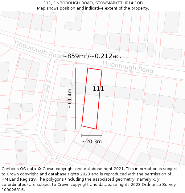 111, FINBOROUGH ROAD, STOWMARKET, IP14 1QB: Plot and title map