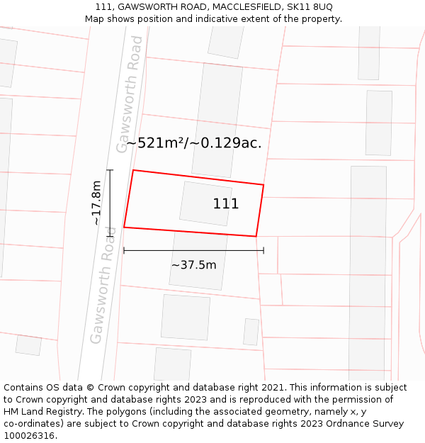 111, GAWSWORTH ROAD, MACCLESFIELD, SK11 8UQ: Plot and title map