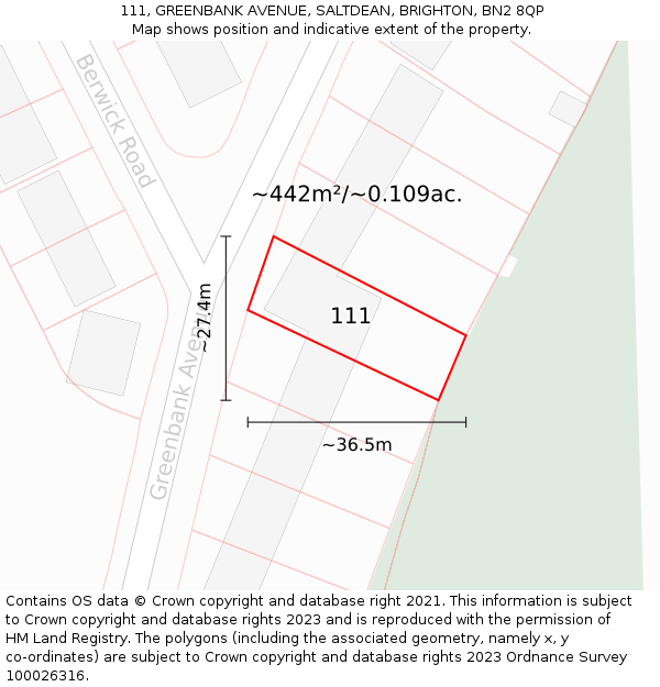 111, GREENBANK AVENUE, SALTDEAN, BRIGHTON, BN2 8QP: Plot and title map