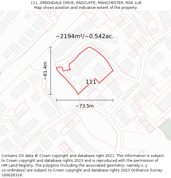 111, GREENDALE DRIVE, RADCLIFFE, MANCHESTER, M26 1UE: Plot and title map