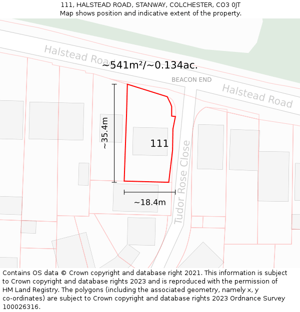 111, HALSTEAD ROAD, STANWAY, COLCHESTER, CO3 0JT: Plot and title map