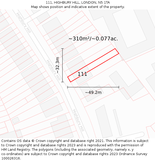 111, HIGHBURY HILL, LONDON, N5 1TA: Plot and title map