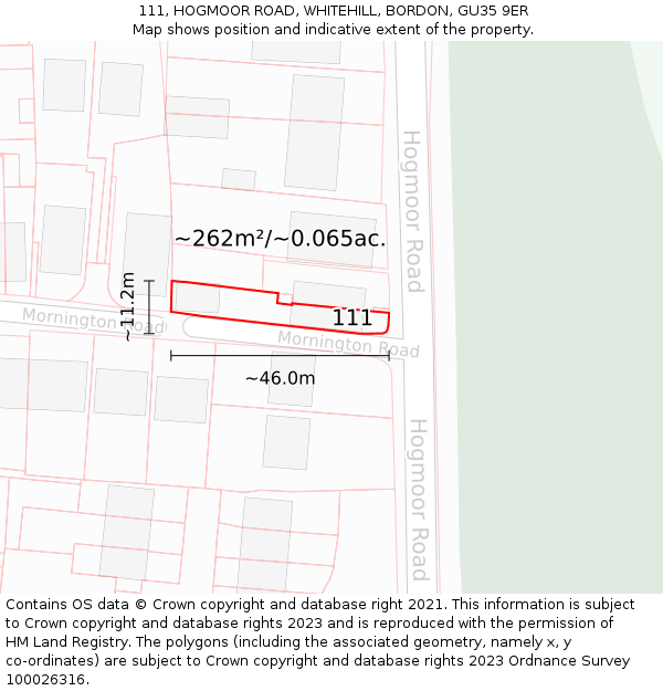 111, HOGMOOR ROAD, WHITEHILL, BORDON, GU35 9ER: Plot and title map