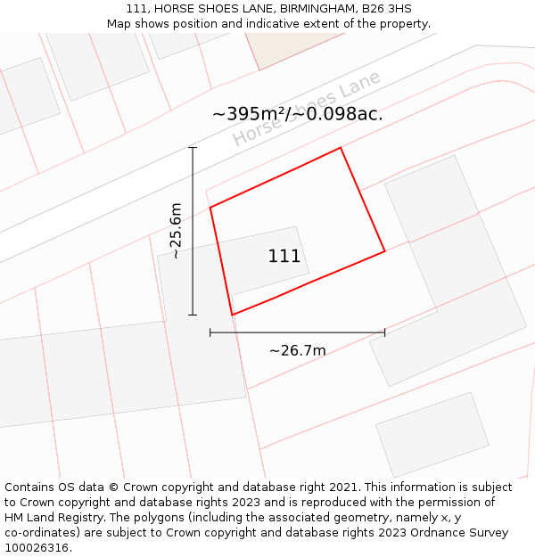 111, HORSE SHOES LANE, BIRMINGHAM, B26 3HS: Plot and title map