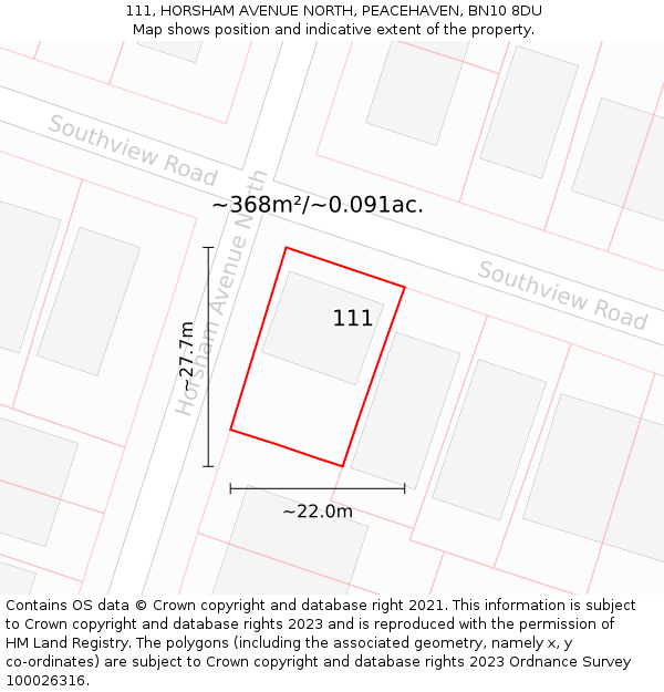 111, HORSHAM AVENUE NORTH, PEACEHAVEN, BN10 8DU: Plot and title map